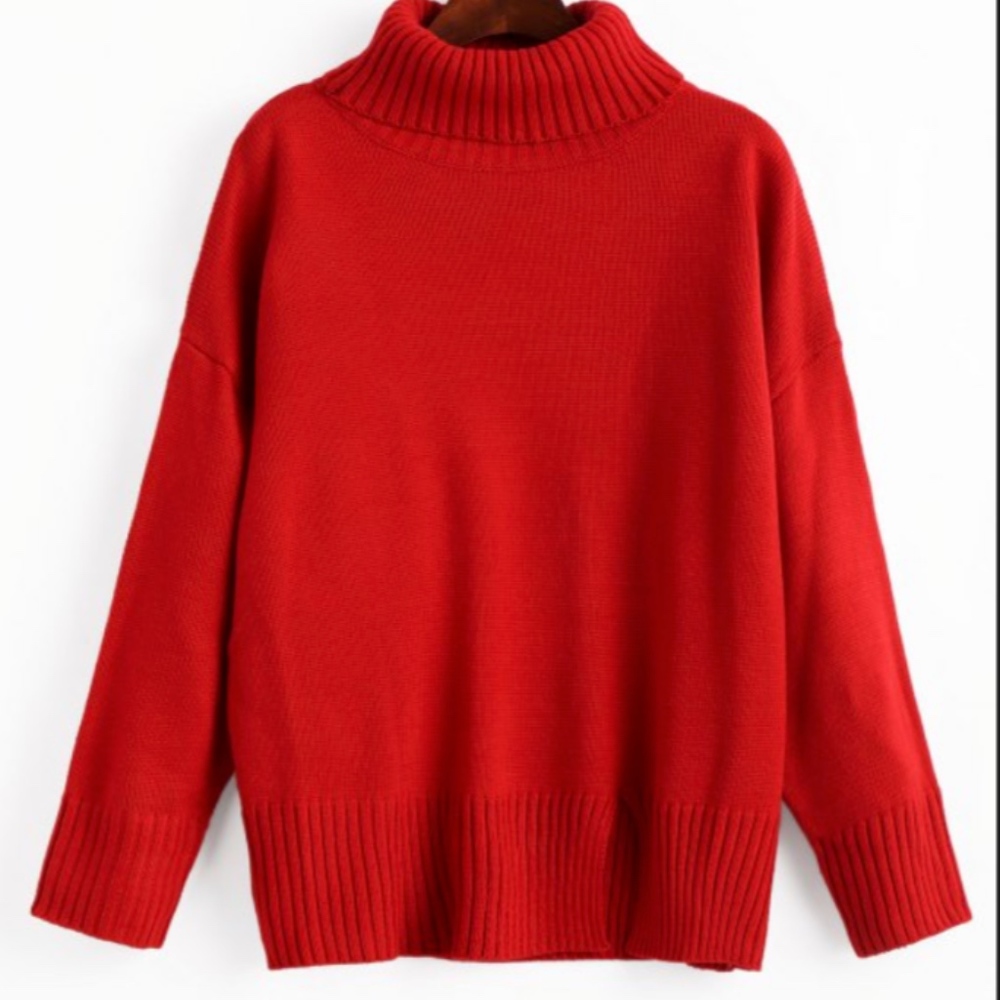 Red Slit Oversized Turtleneck Sweater